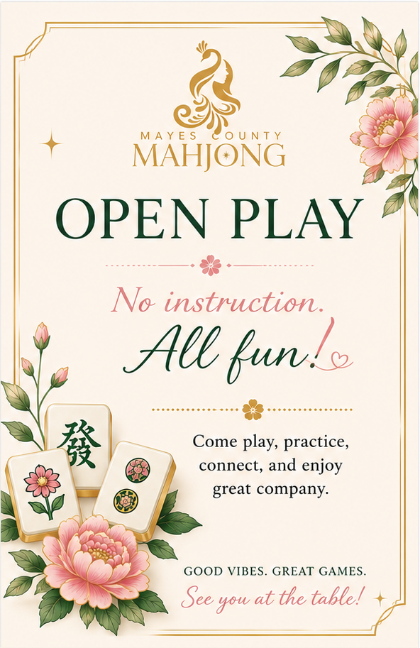 Promotional flyer for Mayes County Mahjong Open Play event with floral design and text.